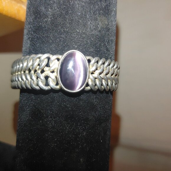 Sterling Silver Mexico Bracelet Simulated Purple Cats Eye Gemstone 925 Jewelry - Picture 3 of 16